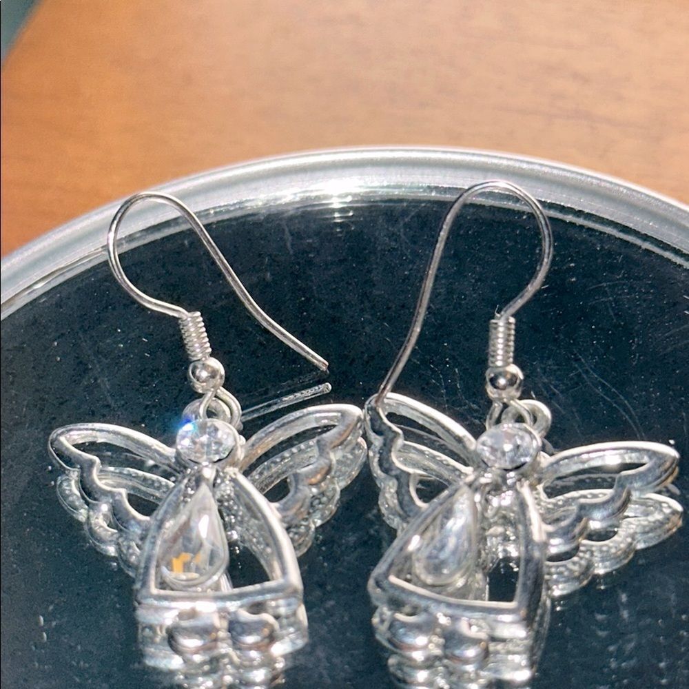 Silver Tone &‎ Rhinestone Angel Drop Wire Earrings